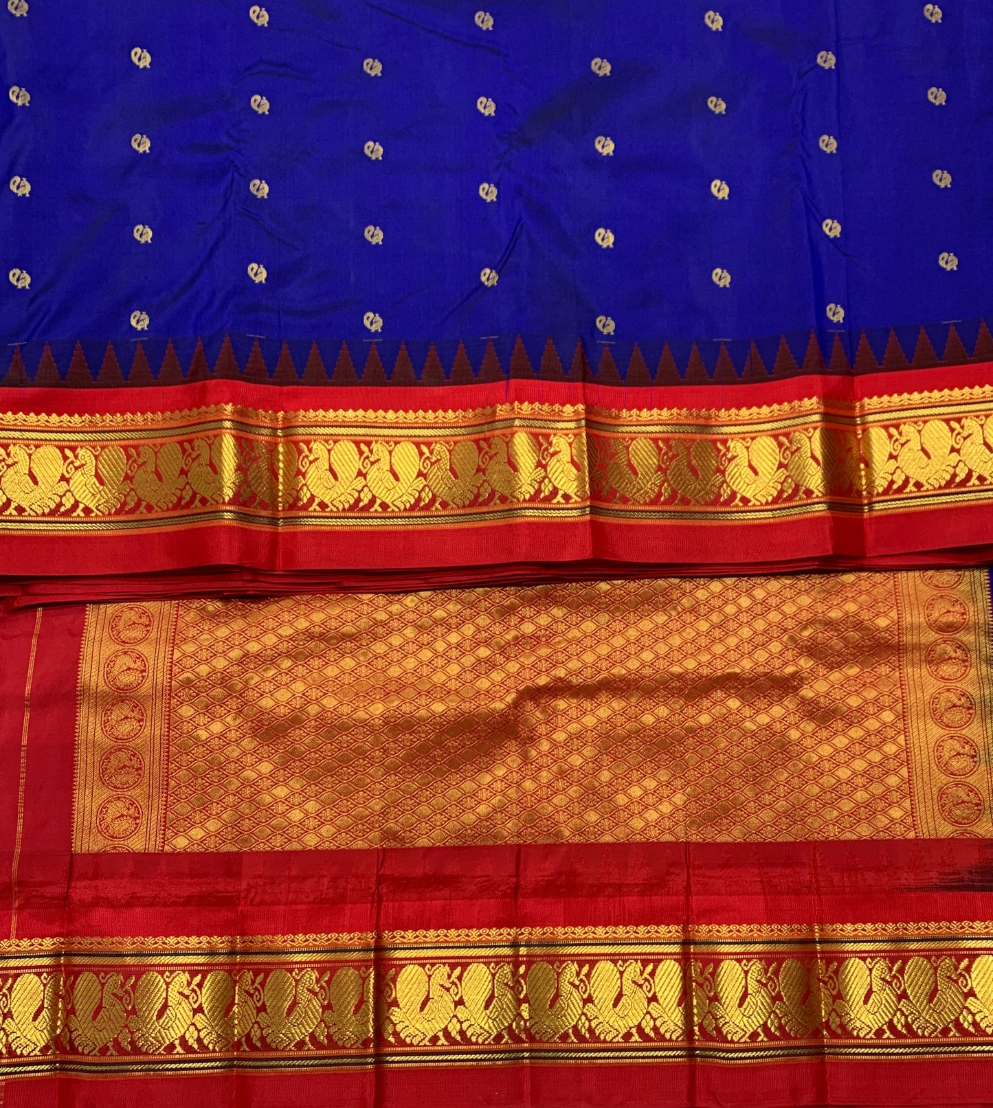 Pure Kanchipuram Silk Saree Blue Colour with Contrast Red Annam Border