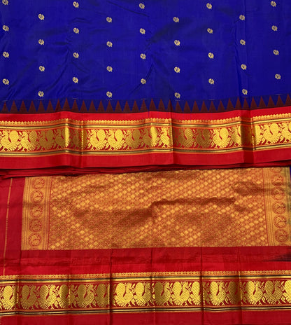Pure Kanchipuram Silk Saree Blue Colour with Contrast Red Annam Border