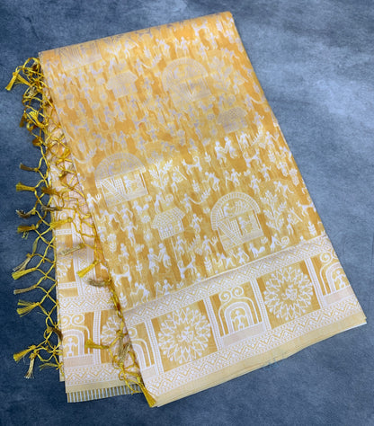 Banaras Katan Saree Yellow Colour with Katan Work Border