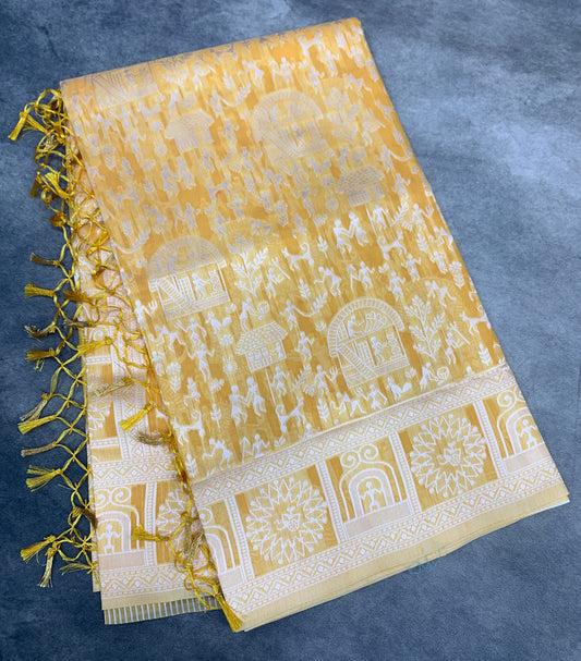 Banaras Katan Saree Yellow Colour with Katan Work Border