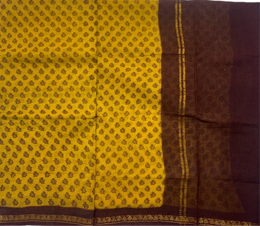 9 yards Cotton Saree Golden Yellow Colour with Brown Border