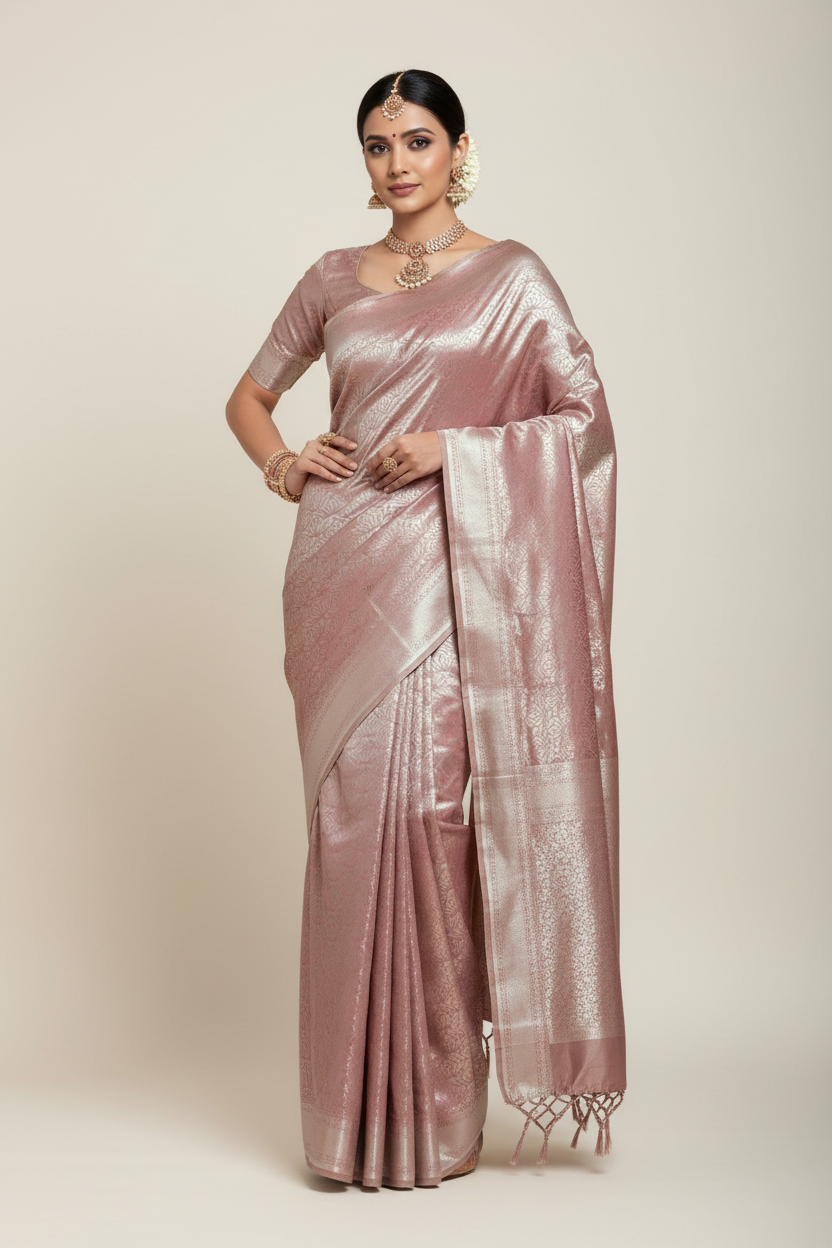 Fancy Tissue Saree Onion Pink Colour with Self Design Border