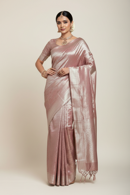 Fancy Tissue Saree Onion Pink Colour with Self Design Border