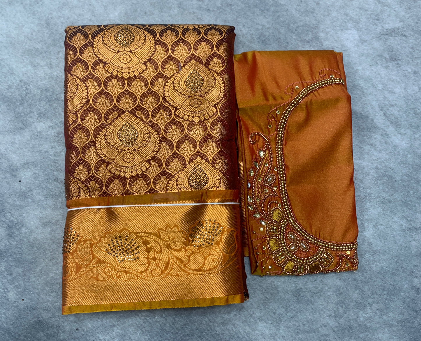 Bridal Vegan Silk Saree Brown shade with Golden Yellow Border with Unstitched blouse in Aari Work