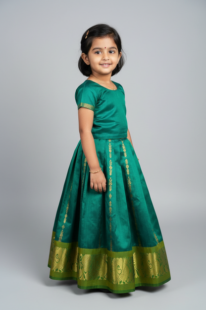 Green Shade Pure Kanchipuram Kids Pattu Pavadai with Contrast Border for Newborn to 2 Years