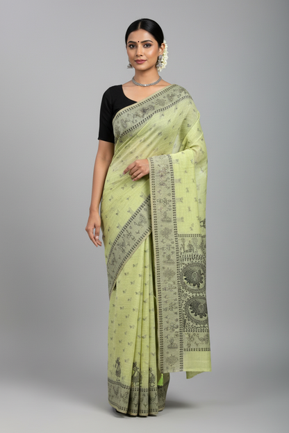 Banaras Katan Saree Pista Green Colour with Katan Work Border