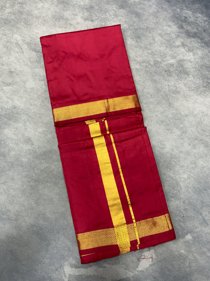9X5 Pure Silk Dhoti Maroon with Small Golden Zari Border