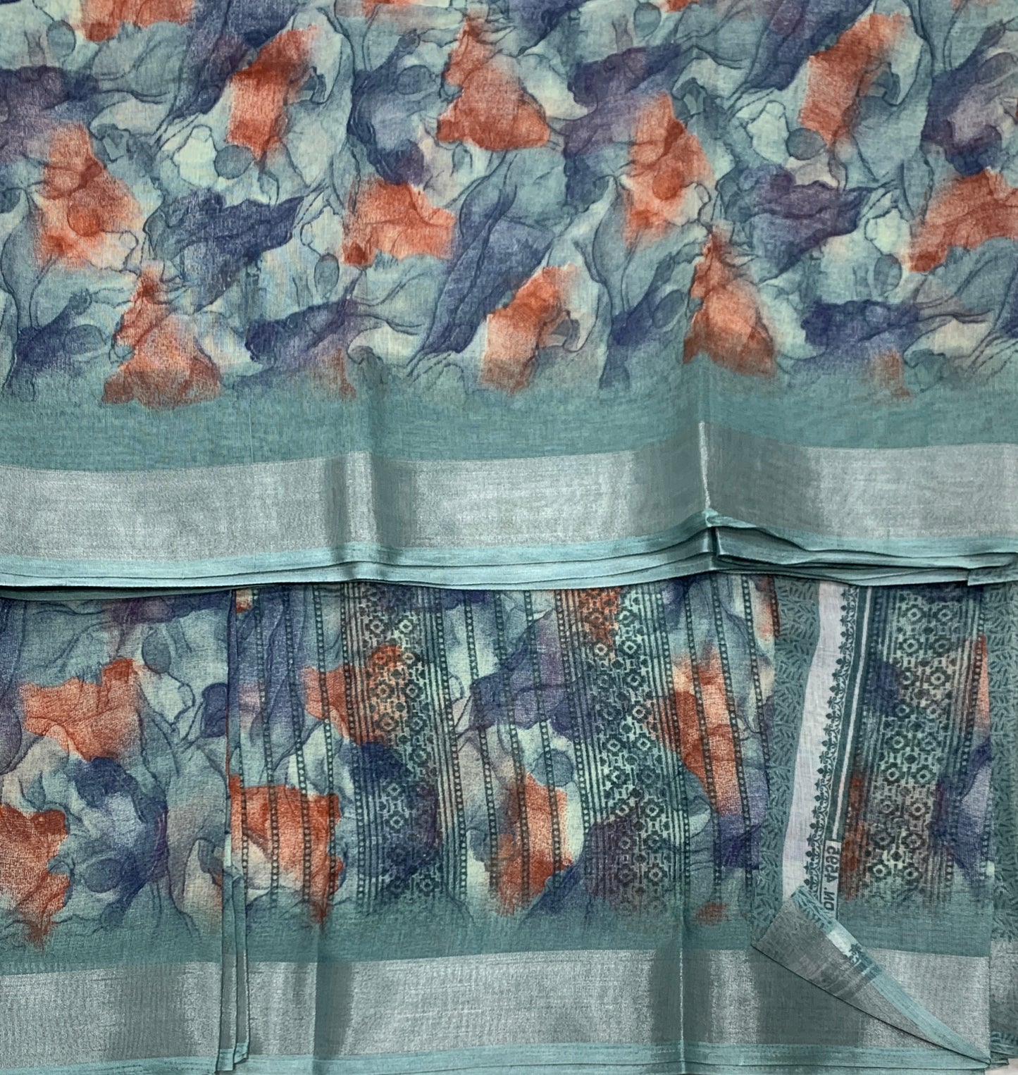 Jute Cotton Saree Peacock Blue Shade with Thread Border