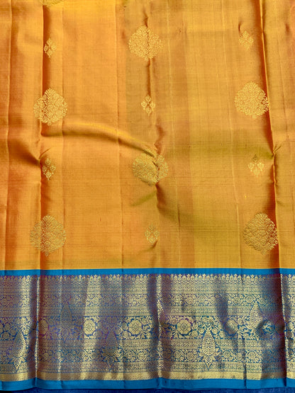 Pure Kanchipuram Silk Saree Golden Shade with  Rama Green Border