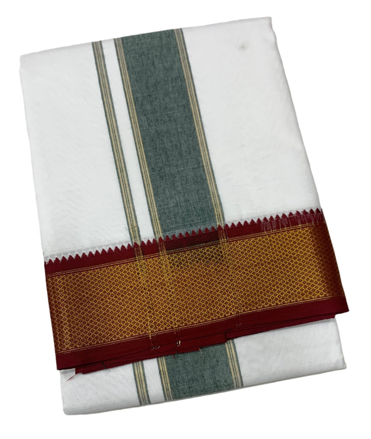 10X6 Cotton Dhoti White Colour with Large Maroon and Green Border