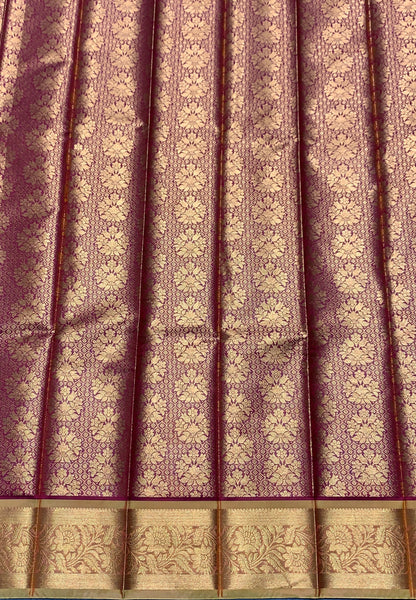 Vegan Silk Saree Maroon Colour with Copper and Golden Border