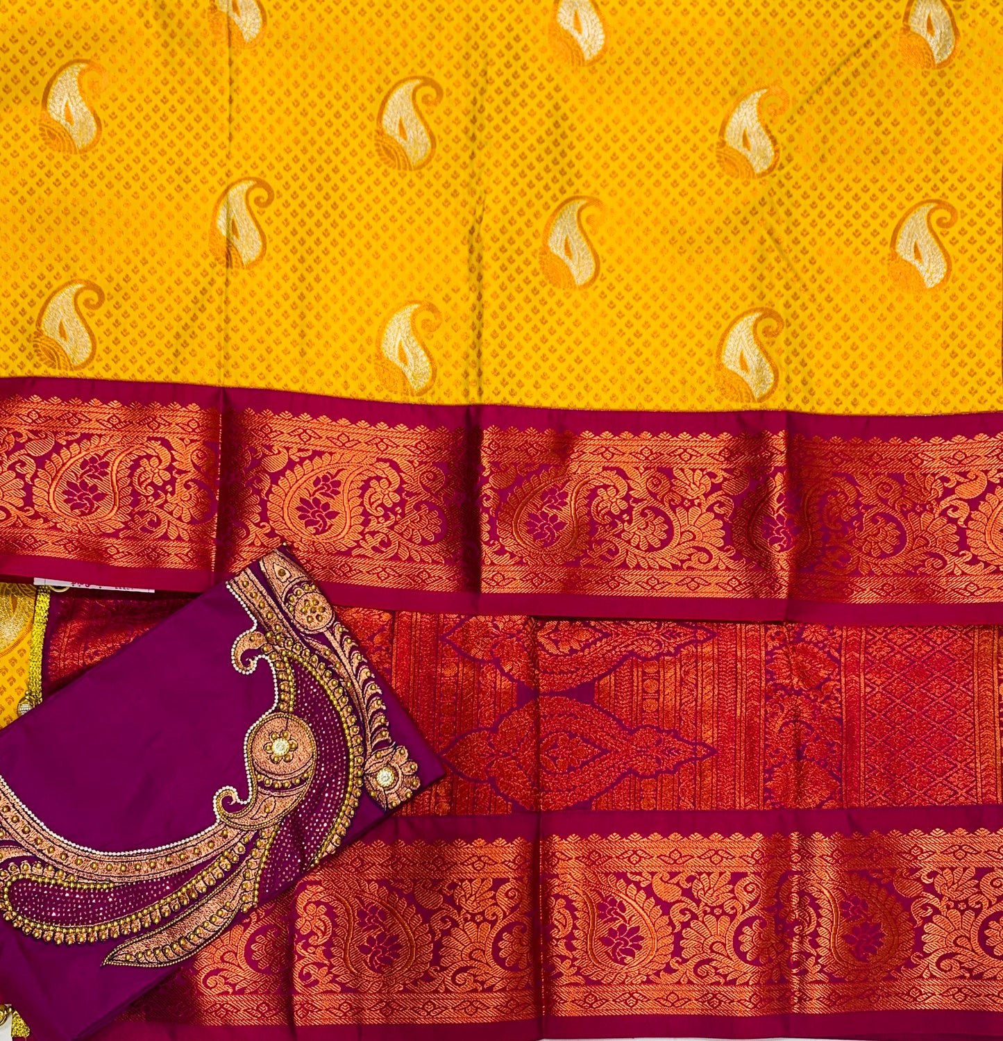 Bridal Vegan Silk Saree Mango Yellow shade with Pink Border with Unstitched blouse in Aari work