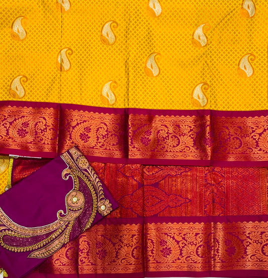 Bridal Vegan Silk Saree Mango Yellow shade with Pink Border with Unstitched blouse in Aari work