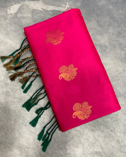 Soft Vegan Silk Saree Pink Colour with Green and Copper Border