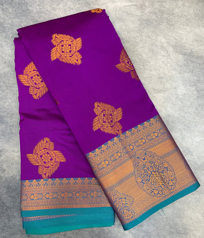 Soft Silk Casual Saree Purple Colour with Rama Green and Golden Colour Border