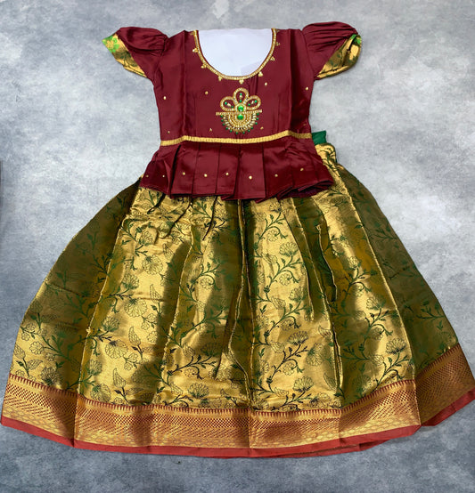 Ready To Wear Golden Green Pavadai with Contrast Brown Blouse