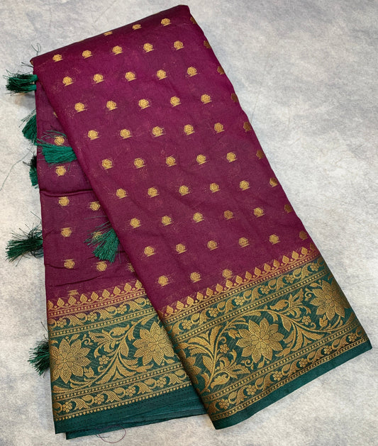 Crepe Saree Magenta Colour with Green Border