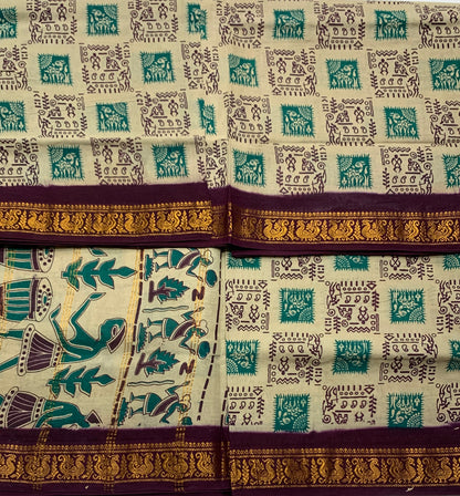 Chettinad Sungudi Cotton Cream Colour Brown Border