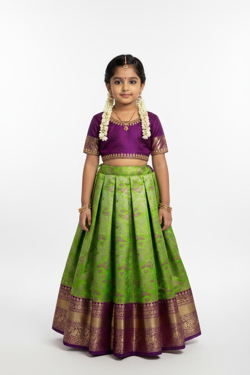 Light Green Shade Vegan Silk Kids Pattu Pavadai with Contrast Border for Newborn to 2 Years