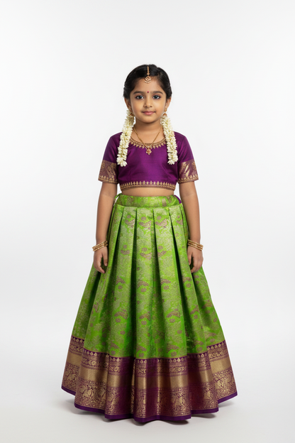Light Green Shade Vegan Silk Kids Pattu Pavadai with Contrast Border for Newborn to 2 Years