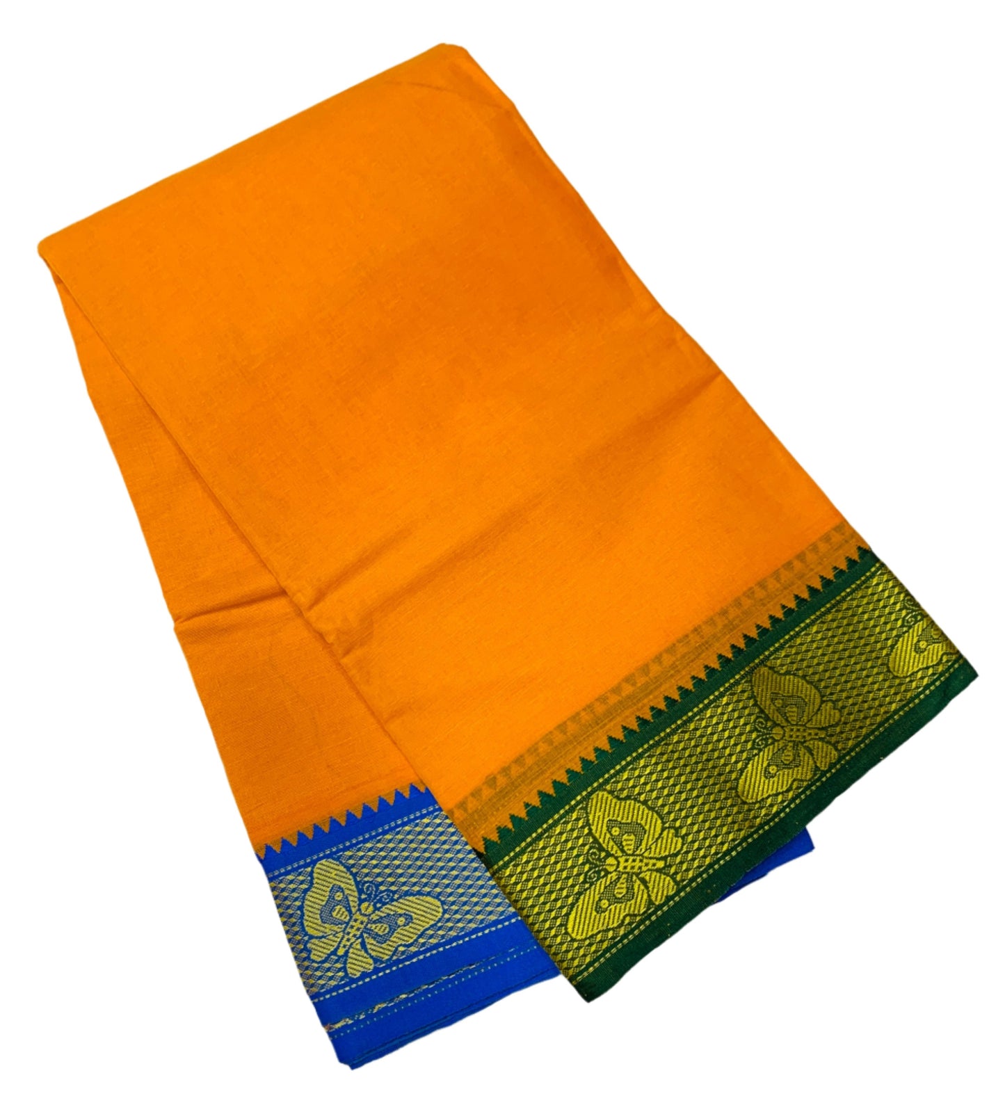 9X5 Cotton Dhoti Mango Yellow Colour with Green and Blue Border