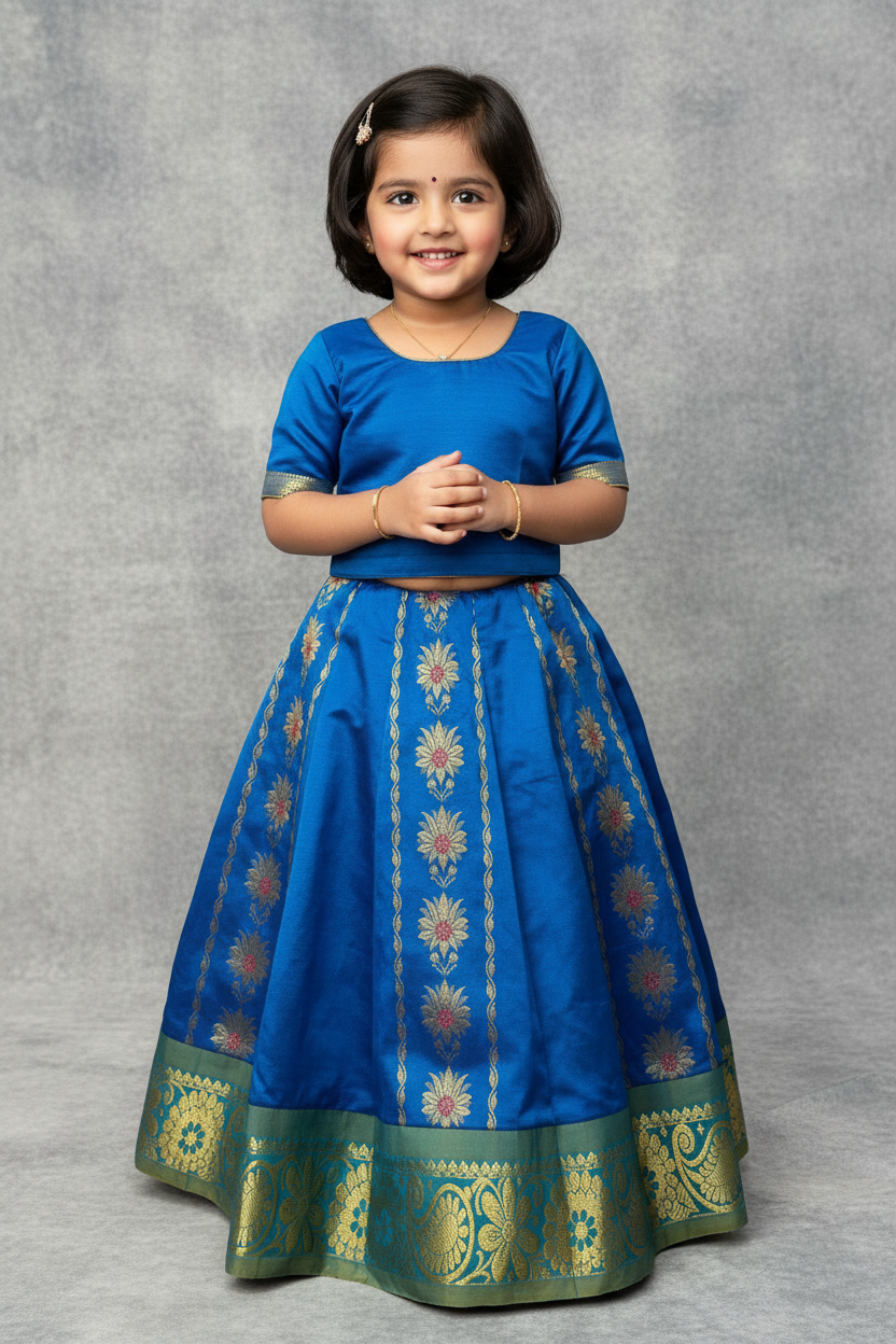 Sky Blue Shade Semi Silk Kids Pattu Pavadai with Contrast border for Age 2 to 5 Years