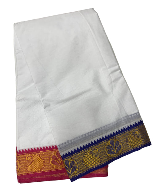 9X5 Cotton Dhoti White Blue and Red Border with Angavastram