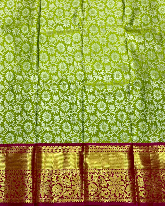 Lime Green shade Vegan Silk Kids Pattu Pavadai with Contrast border for age 5 to 10