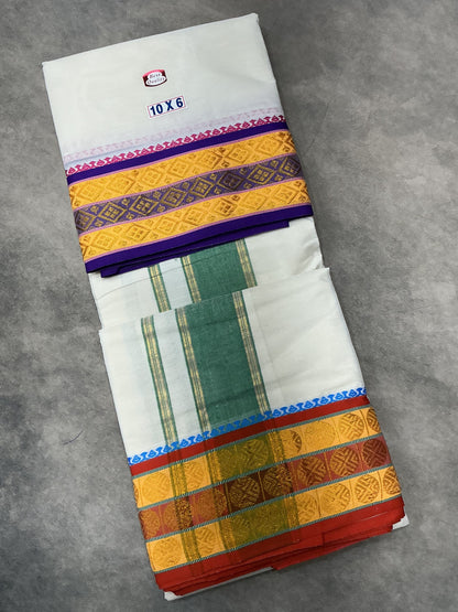10X6 Cotton Dhoti White Colour with Yellow and Violet Border