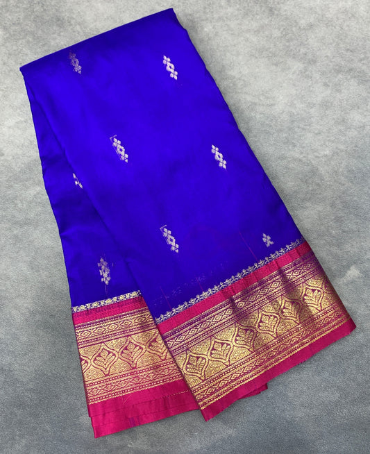 Pure Kanchipuram Silk Blue Colour with Pink Border