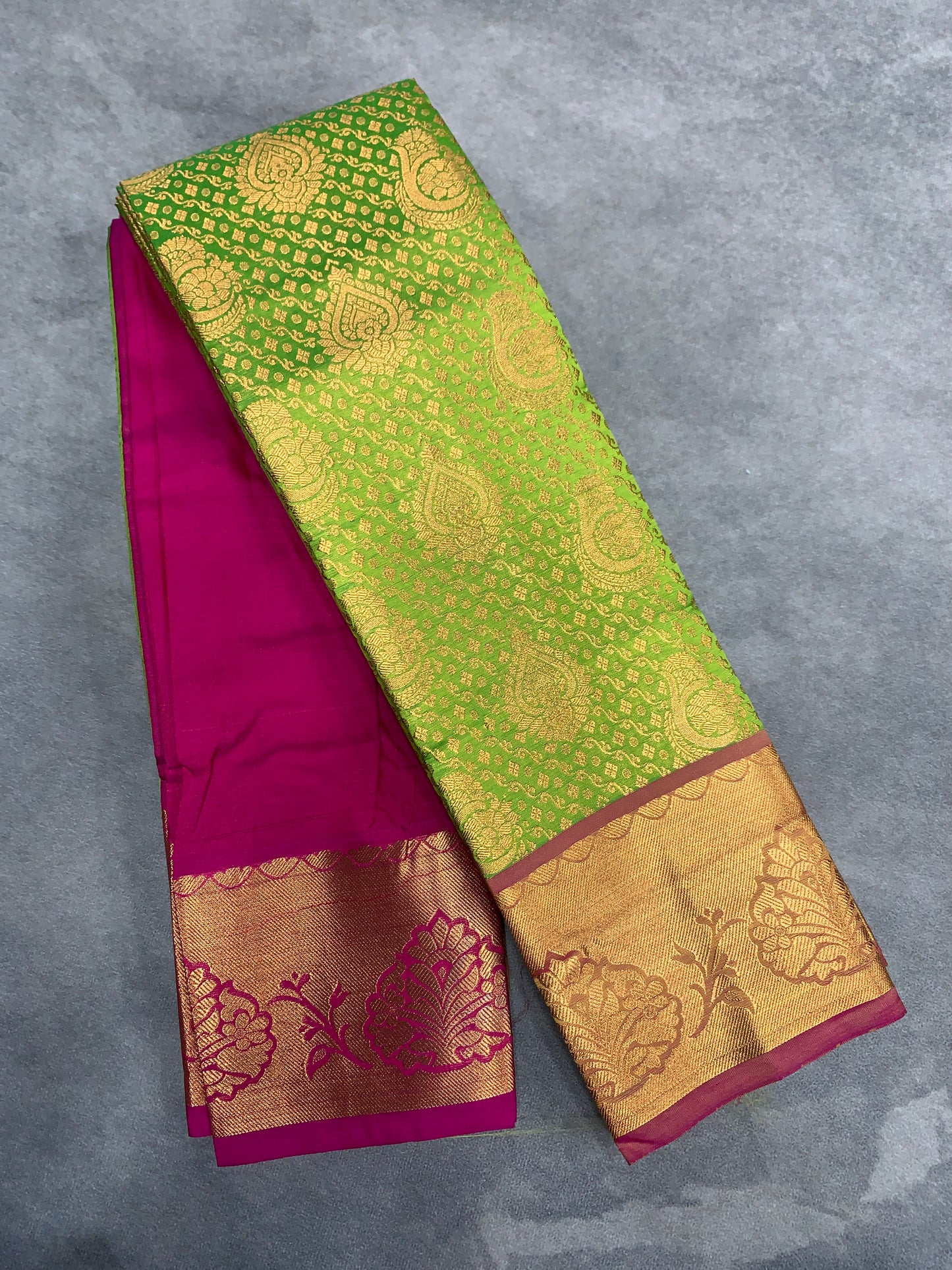 Vegan Silk Saree Apple Green Colour with Pink and Copper Border