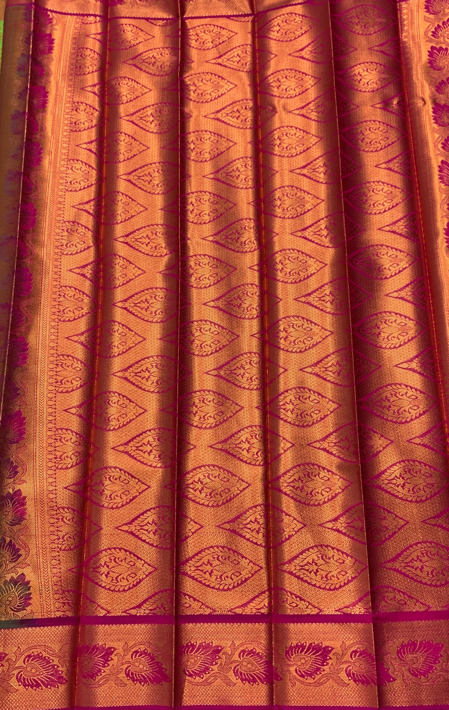Vegan Silk Saree Apple Green Colour with Copper and Pink Border
