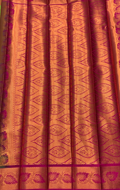 Vegan Silk Saree Apple Green Colour with Copper and Pink Border