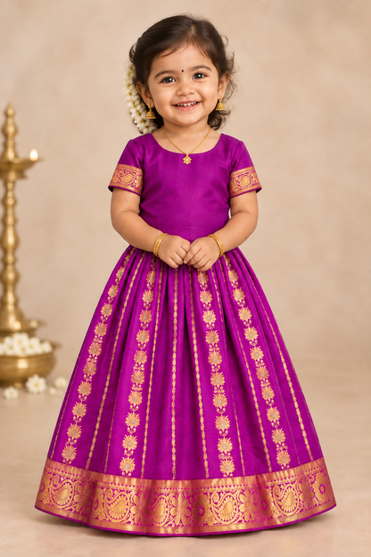 Magenta Shade Semi Silk Kids Pattu Pavadai with Contrast border for Age 2 to 5 Years