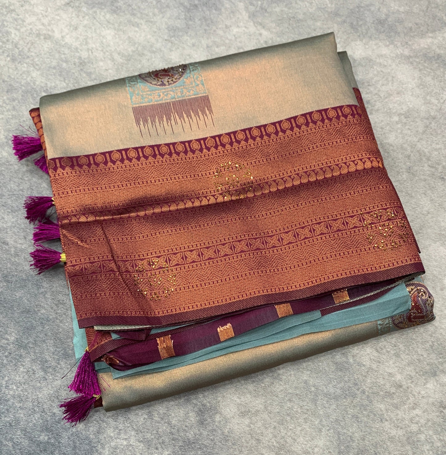 Art Silk Saree Light Gray Colour and Stone Work with Magenta Border
