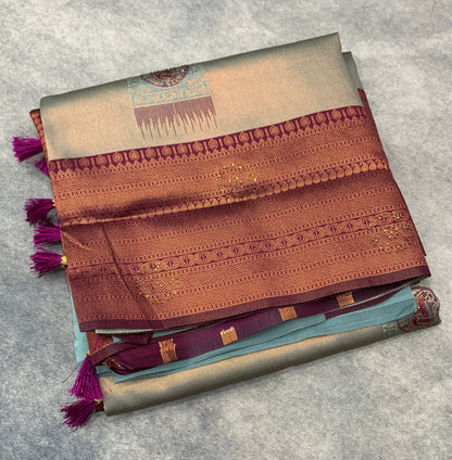 Art Silk Saree Light Gray Colour and Stone Work with Magenta Border