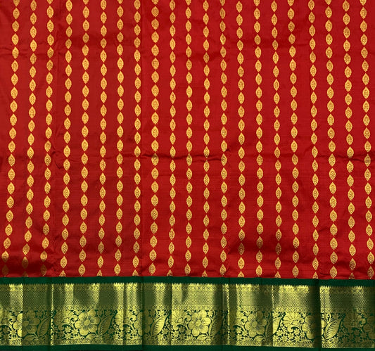 Red Colour Pure Kanchipuram Kids Pattu Pavadai with Contrast border for age 2 to 5