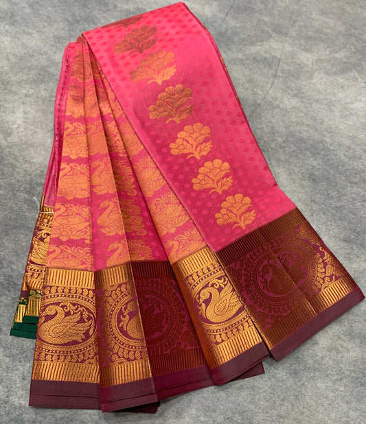 Vegan Silk Saree Peach Pink Colour with Copper Border