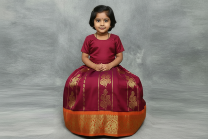 Maroon Shade Semi silk Kids Pattu Pavadai with Contrast border for age 5 to 10