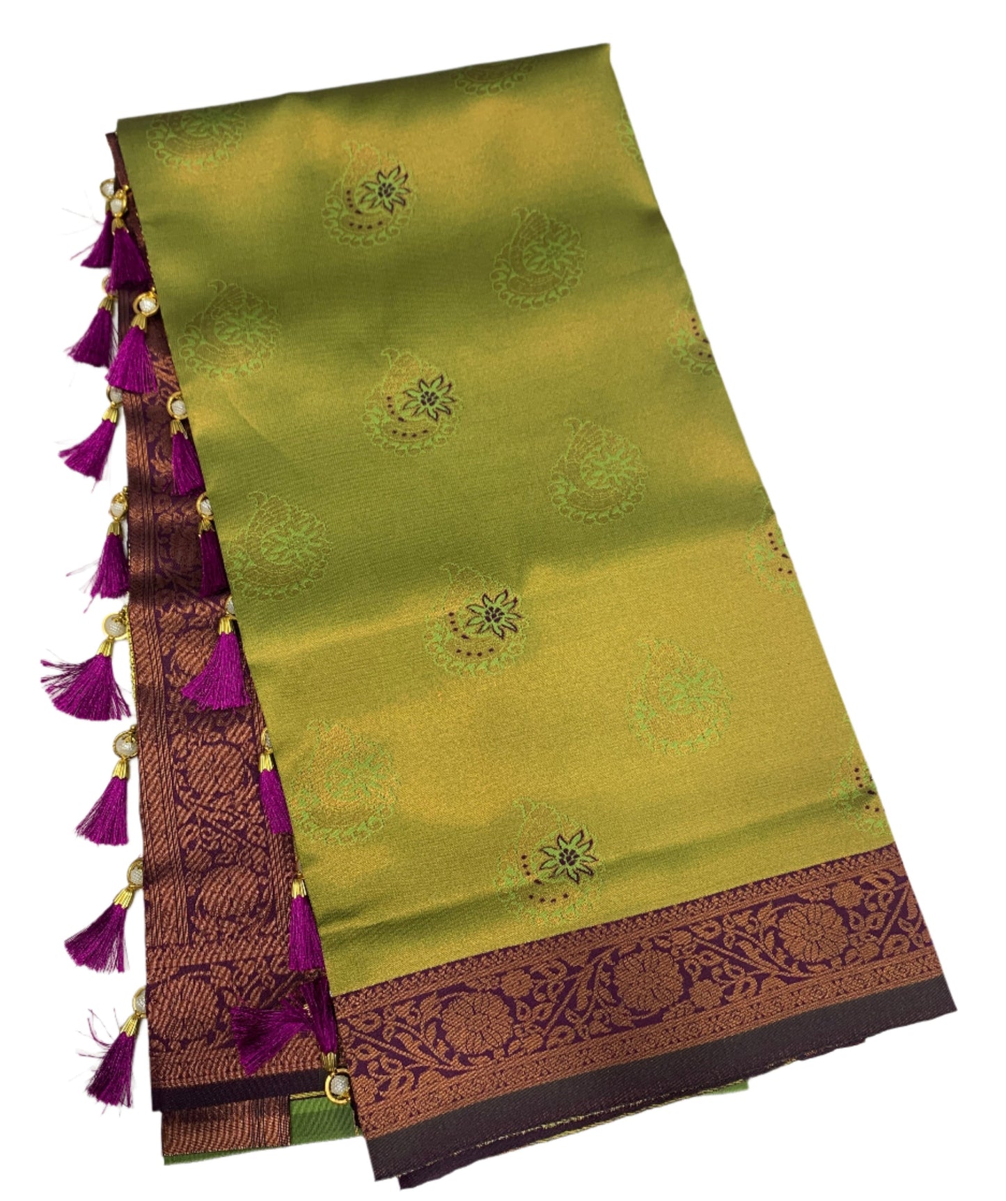 Art Silk Saree Olive Green Colour with Purple Border