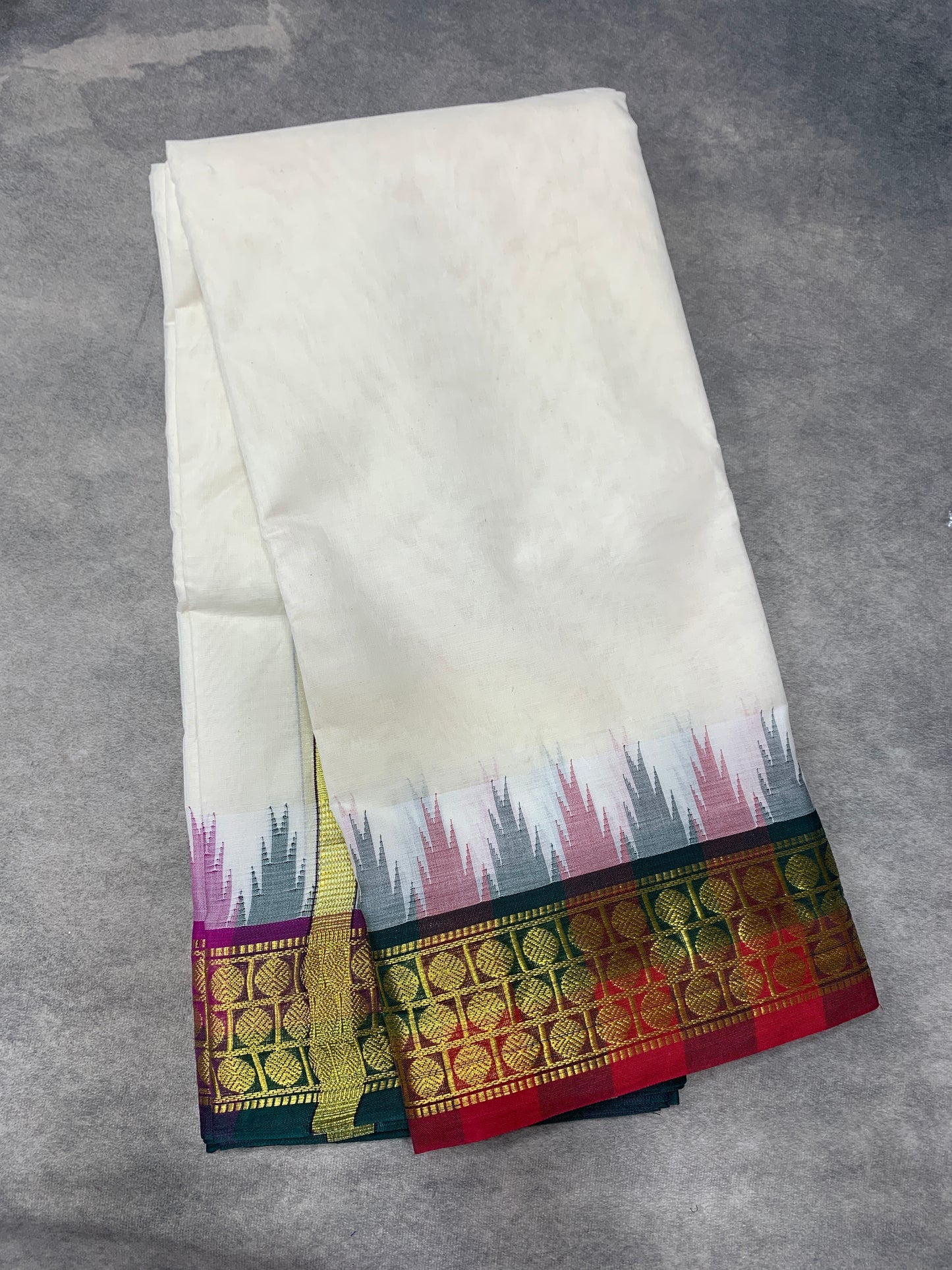 9X5 Korvai Cotton Dhoti Half White Colour with Green and Maroon Border