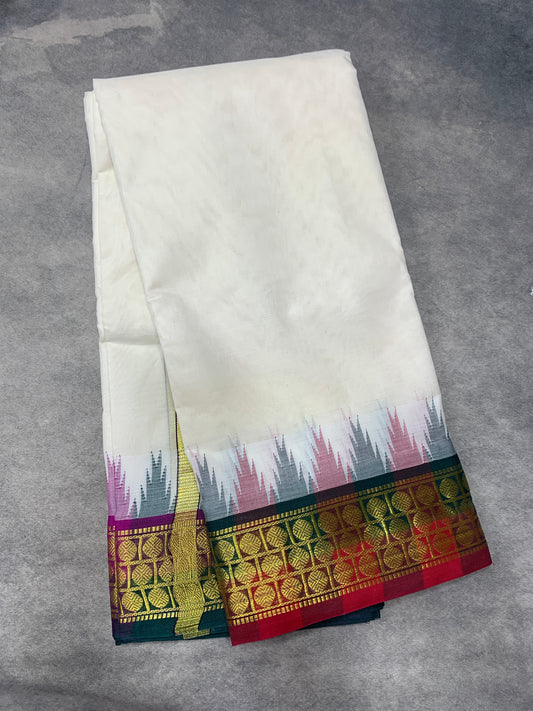 9X5 Korvai Cotton Dhoti Half White Colour with Green and Maroon Border