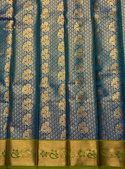 Vegan Silk Saree Rama Green Colour with Copper and Light Green Border