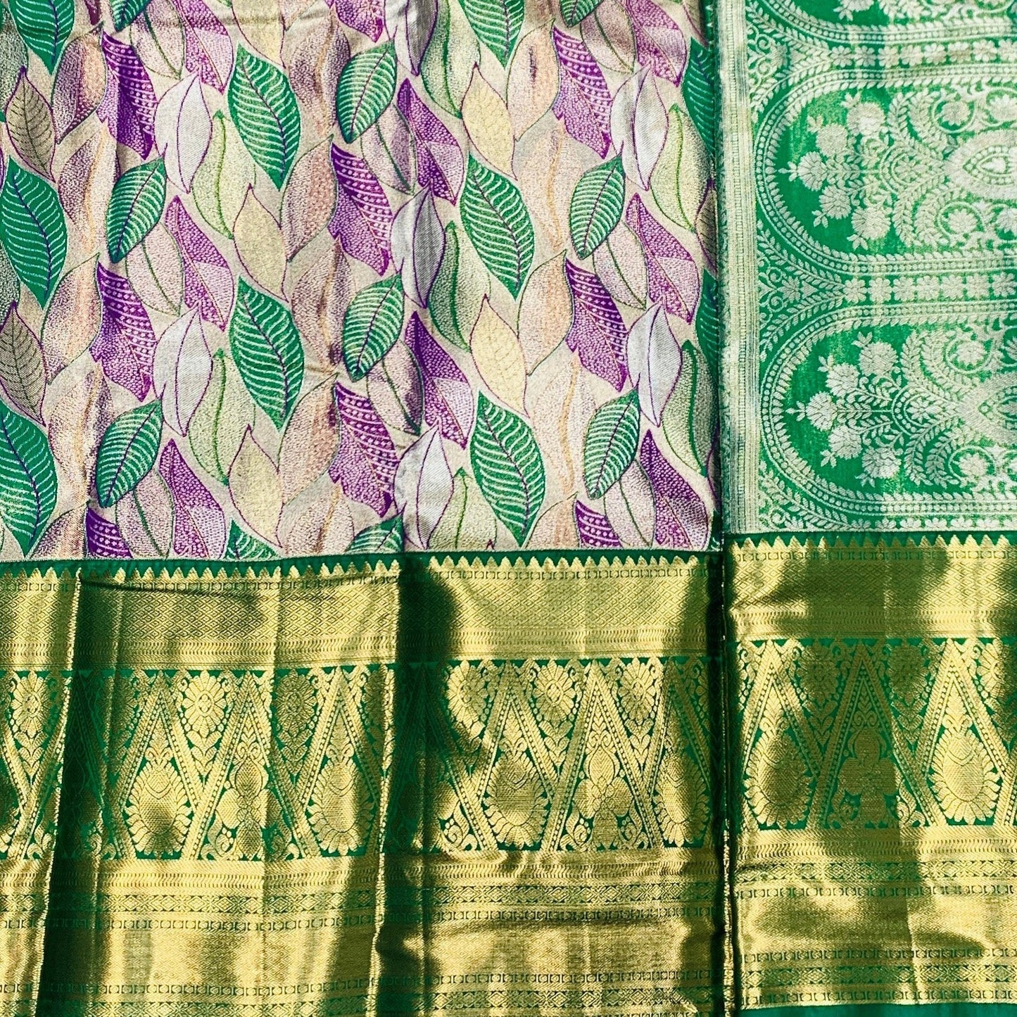 Purple & Green Leaf Soft Kanchi Tissue Pattu Saree with Green border