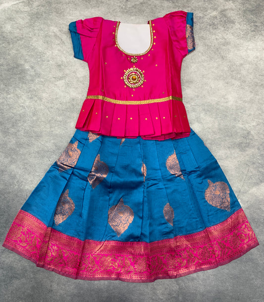 Ready To Wear Sky Blue Pavadai with Contrast Pink Blouse