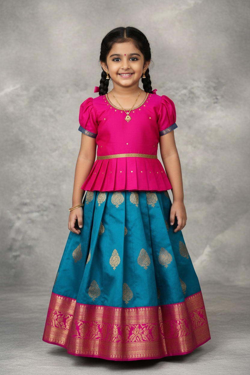 Ready To Wear Sky Blue Pavadai with Contrast Pink Blouse