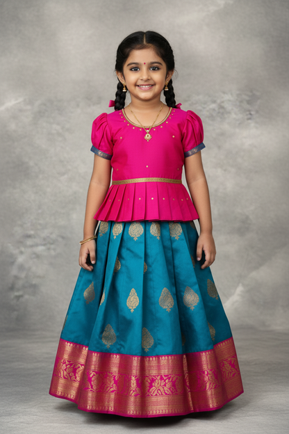 Ready To Wear Sky Blue Pavadai with Contrast Pink Blouse
