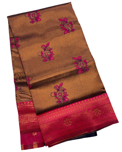 Art Silk Saree Russet Colour with Baby Pink Border