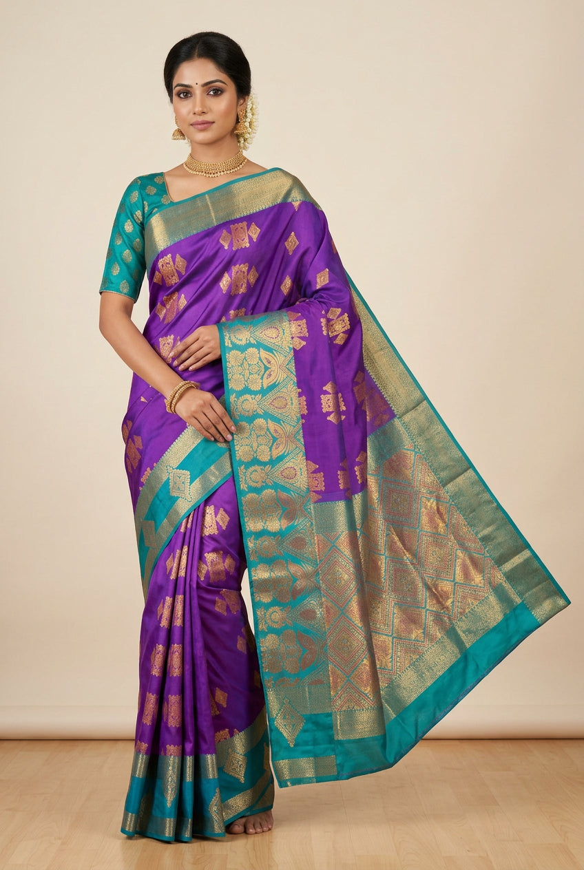Soft Silk Casual Saree Purple Colour with Rettai Rama Green Colour Border