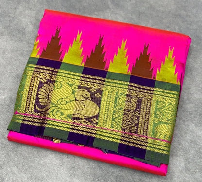 6 Mulam Silk Pooja Towel Rani Pink Colour with Ganga Jamuna Korvai Border
